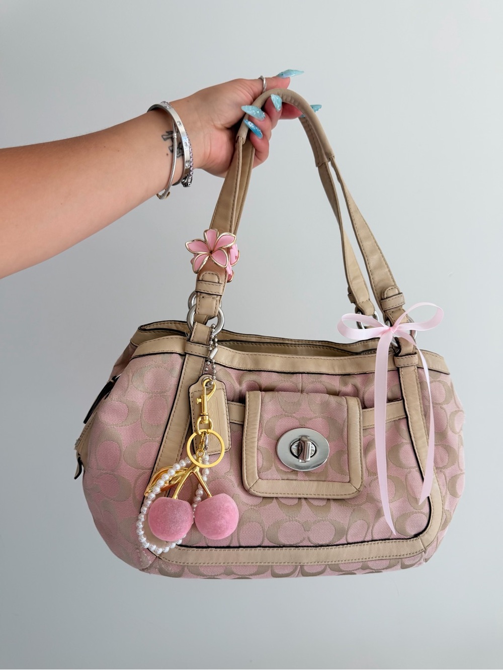vintage Coach Pink Optic  Canvas Turnlock Cricket Shoulder Bag